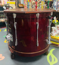 Load image into Gallery viewer, Cabinet Diodydd sydd yn troi siâp octagon wedi ei wneud allan o hen ddrwm Yamaha / Octagonal shaped rotating drinks  cabinet made out of an old Yamaha drum
