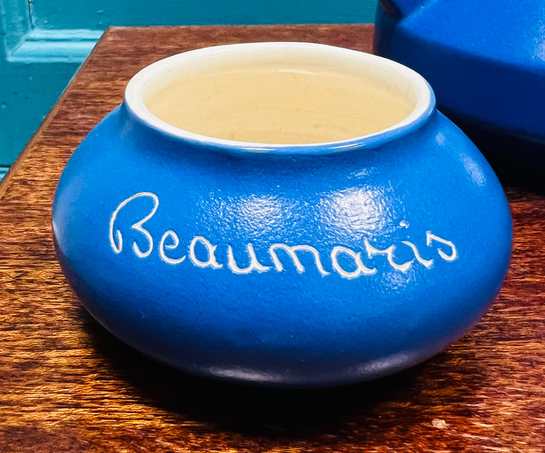 Powlen siwgr Beaumaris glas a gwyn Retro Devon Ware / Retro Devon Ware blue and white Beaumaris Devon Ware sugar bowl