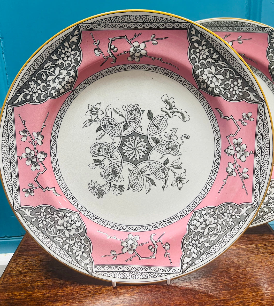 Plat Hynafol Mintons pinc a llwyd steil Japan o 1878 / Antique Mintons Japan style pink and grey plate from 1878