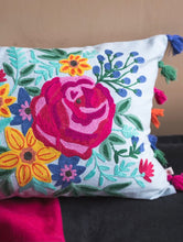 Load image into Gallery viewer, Clustog flodeuog wedi ei frodio â llaw gyda tassels/ Floral hand embroidered cushion with tassels
