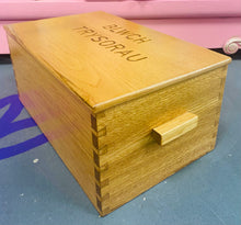 Load image into Gallery viewer, Blwch Trysorau pren unigryw gyda dwy silff fechan y tu mewn wedi ei wneud â llaw allan o hen Dderw Cymreig o Ynys Môn / Unique hand made wooden Treasure box with two small shelves inside made out of old Welsh Oak from Anglesey
