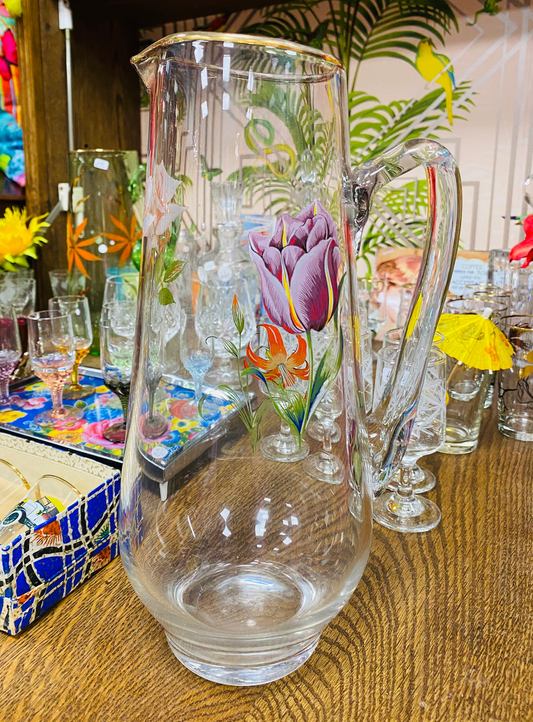 Jwg Gwydr Blodeuog Vintage / Vintage Floral Glass Jug