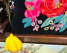 Load image into Gallery viewer, Clustog Melfed Du gyda Blodau wedi&#39;u Brodio â Llaw / Black Velvet Cushion with Hand Embroided Flowers (Ian Snow)

