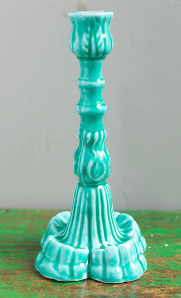 Daliwr canhwyll ceramig Gwyrddlas / Turqoise ceramic candle holder