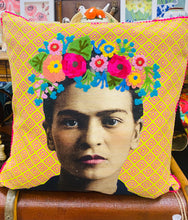 Load image into Gallery viewer, Clustog Frida Melyn a Phinc wedi ei Frodio â Llaw / Yellow and Pink Hand Embroidered Frida Cushion (Ian Snow)
