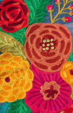 Load image into Gallery viewer, Clustog flodeuog Denim wedi ei ailgylchu a’i frodio â llaw / Recycled floral Denim hand embroidered cushion (Ian Snow)
