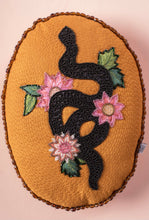 Load image into Gallery viewer, Clustog neidr a blodau wedi ei frodio â llaw / Snake and flower hand embroidered cushion
