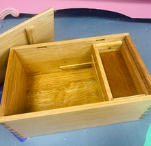 Load image into Gallery viewer, Blwch Trysorau pren unigryw gyda dwy silff fechan y tu mewn wedi ei wneud â llaw allan o hen Dderw Cymreig o Ynys Môn / Unique hand made wooden Treasure box with two small shelves inside made out of old Welsh Oak from Anglesey
