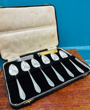 Load image into Gallery viewer, Set o 6 llwy grawnffrwyth a chyllell finiog Vintage yn eu bocs gwreiddiol / Set of 6 Vintage grapefruit spoons and serrated knive  in their original box
