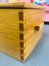 Load image into Gallery viewer, Blwch Trysorau pren unigryw gyda dwy silff fechan y tu mewn wedi ei wneud â llaw allan o hen Dderw Cymreig o Ynys Môn / Unique hand made wooden Treasure box with two small shelves inside made out of old Welsh Oak from Anglesey
