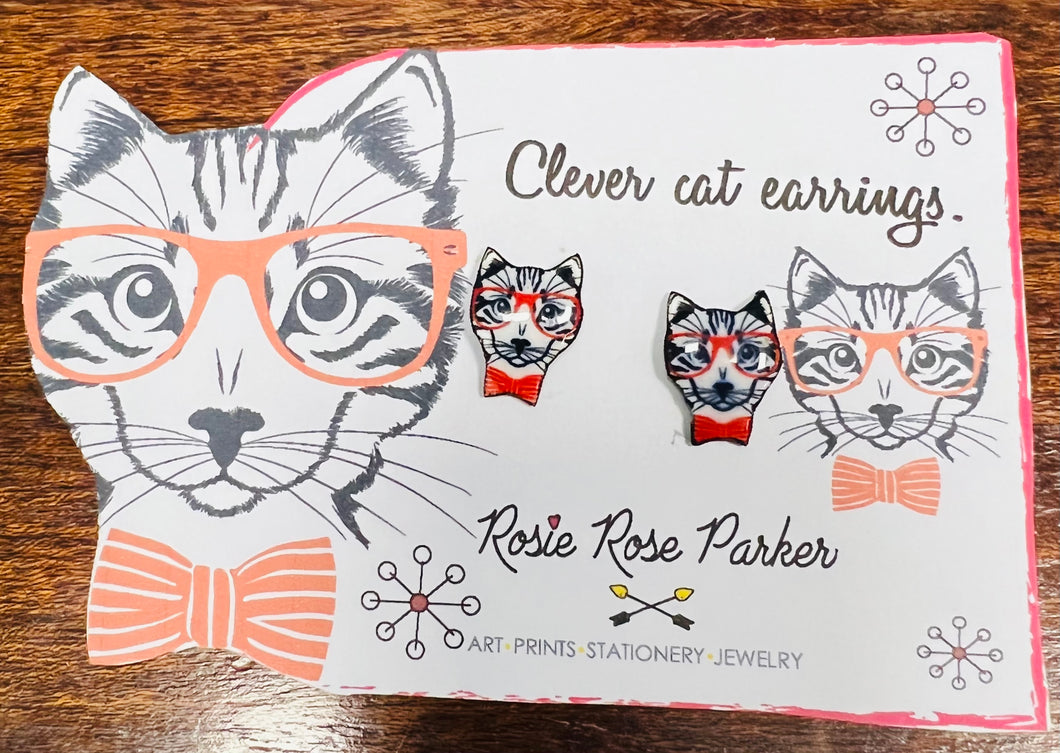 Clustlysau cath glyfar Kitsch / Kitsch clever cat earrings