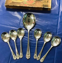 Load image into Gallery viewer, Llwy Weini a 6 llwy Salad Ffrwythau yn eu bocs gwreiddiol / 6 Vintage Retro Fruit Spoons and Serving Spoon in their original box
