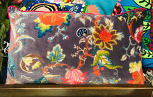 Load image into Gallery viewer, Clustog Blodeuog Melfed Llwyd / Grey Velvet Floral Cushion (Ian Snow)
