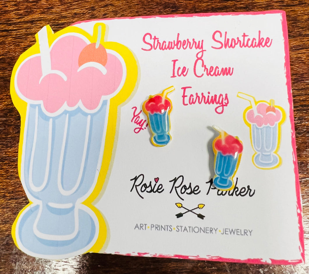 Clustlysau hufen iâ mefus Kitsch / Kitsch Strawberry Ice cream earrings