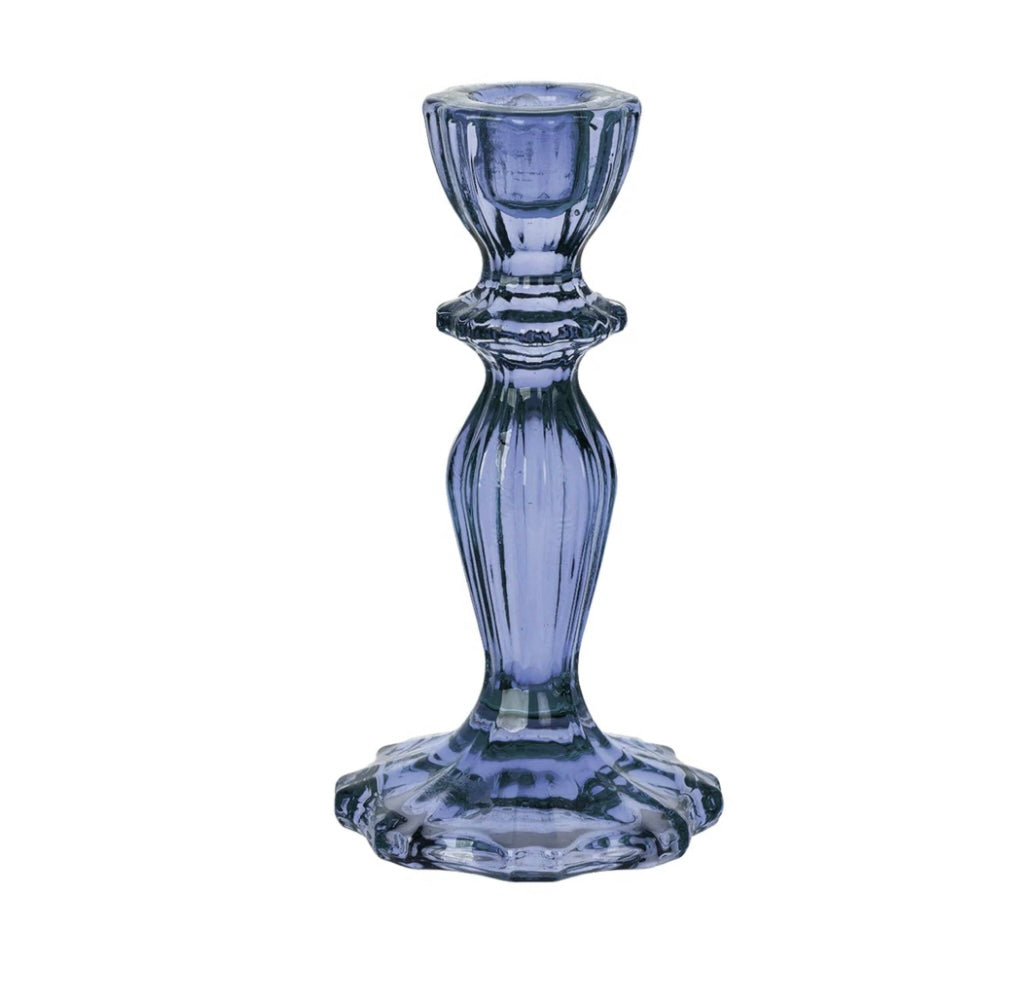 Canhwyllbren gwydr glas tywyll / Navy glass candlestick