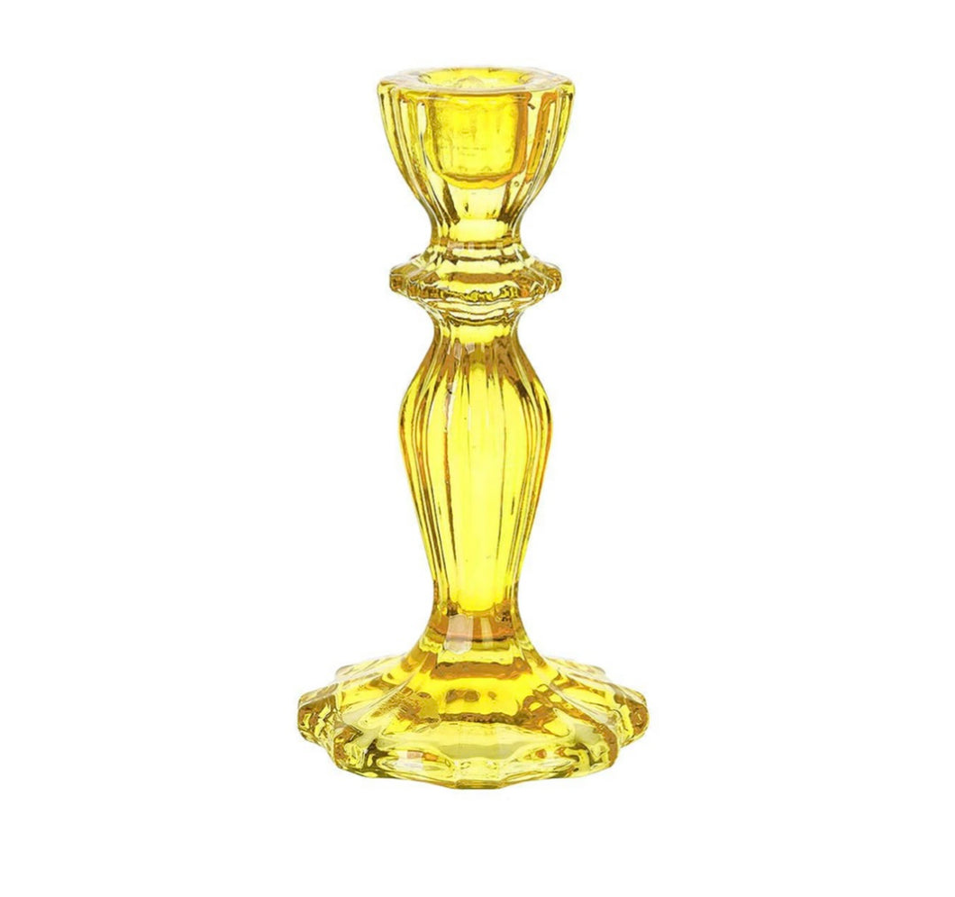 Canhwyllbren gwydr melyn / yellow glass candlestick