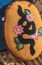 Load image into Gallery viewer, Clustog neidr a blodau wedi ei frodio â llaw / Snake and flower hand embroidered cushion

